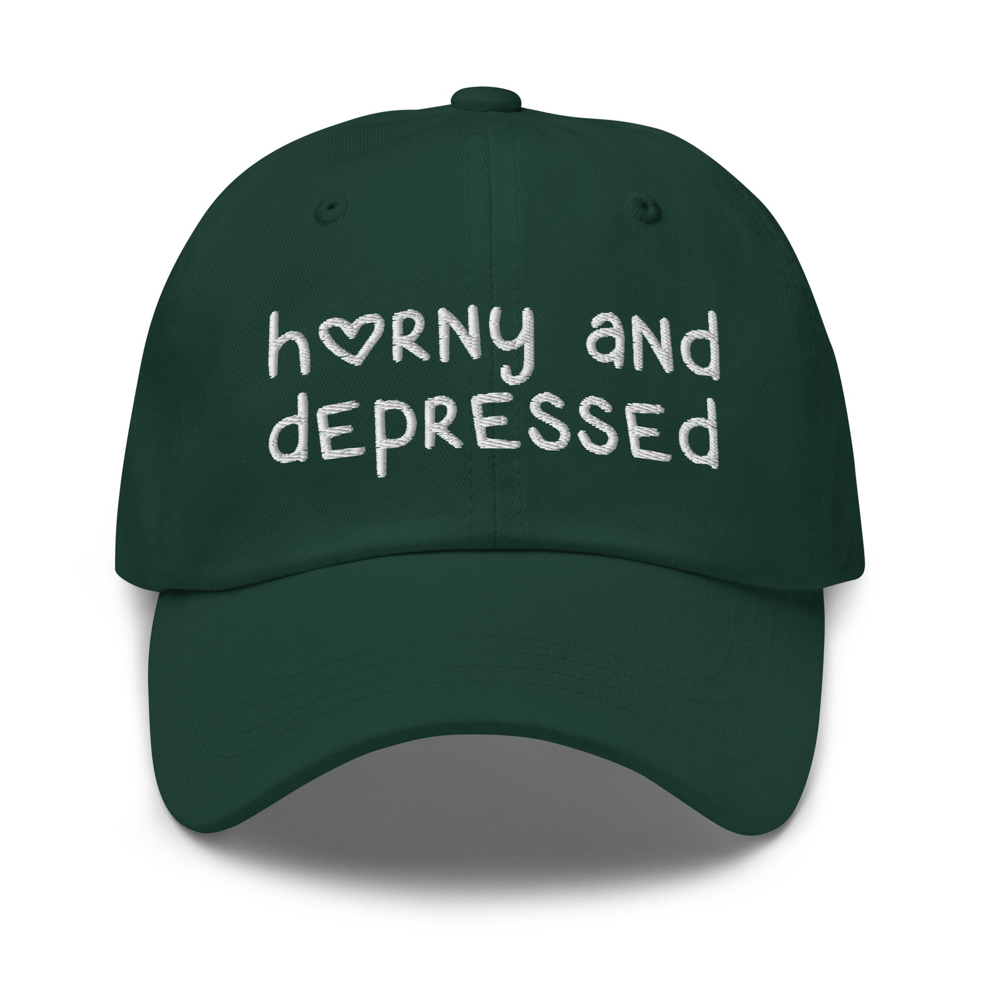 Funny embroidered dad hat with Horny and Depressed text, meme hat with offensive quote.