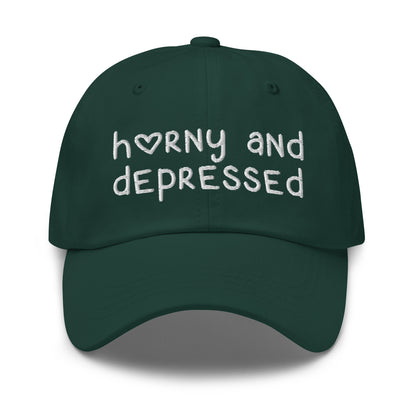 Funny embroidered dad hat with Horny and Depressed text, meme hat with offensive quote.