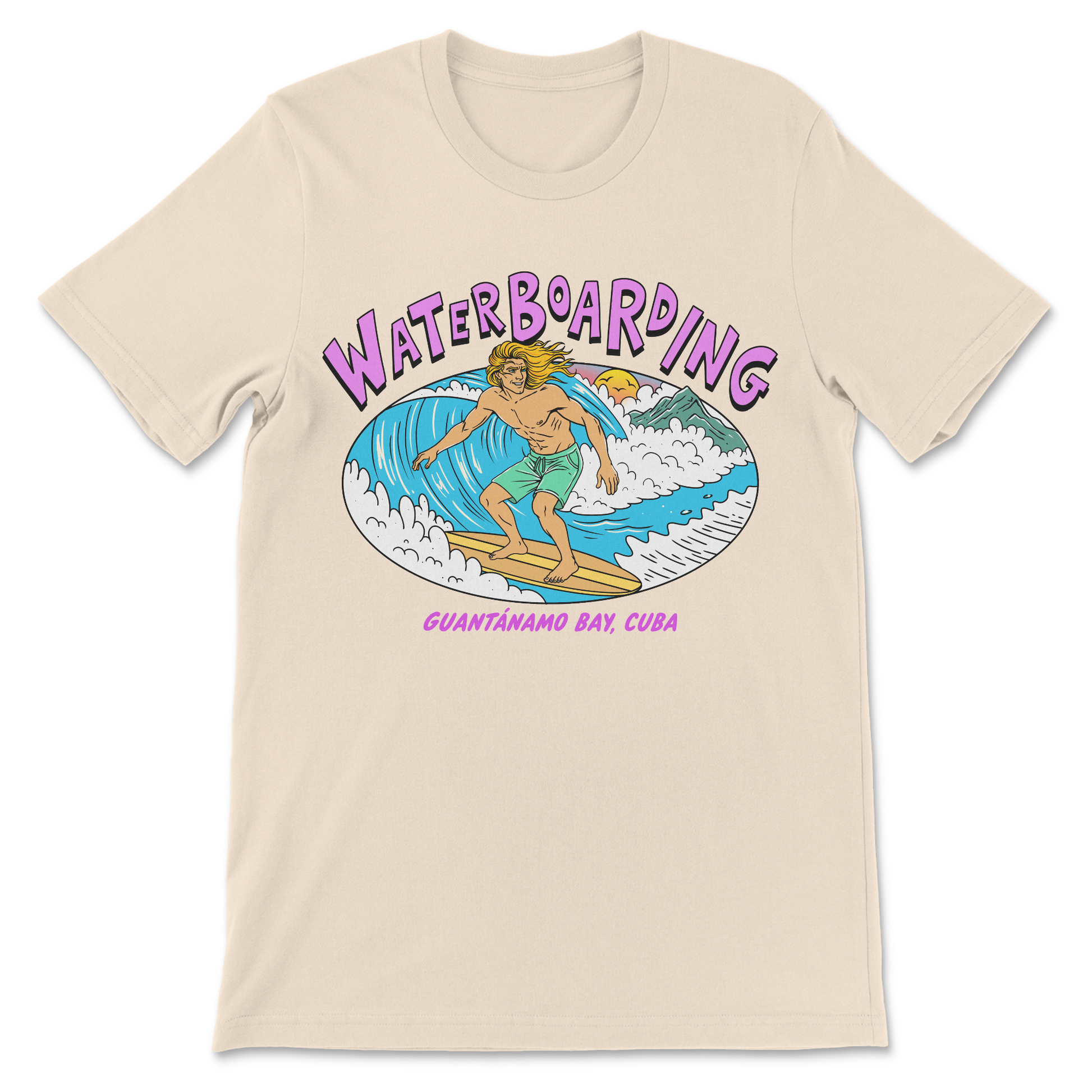 Retro surf style shirt reading Waterboarding Guantanamo Bay, Cuba with a vintage beach design.
