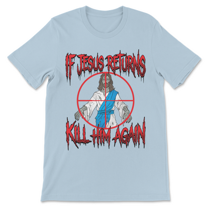 Dark humor religious t-shirt with a horror-inspired zombie Jesus graphic.
