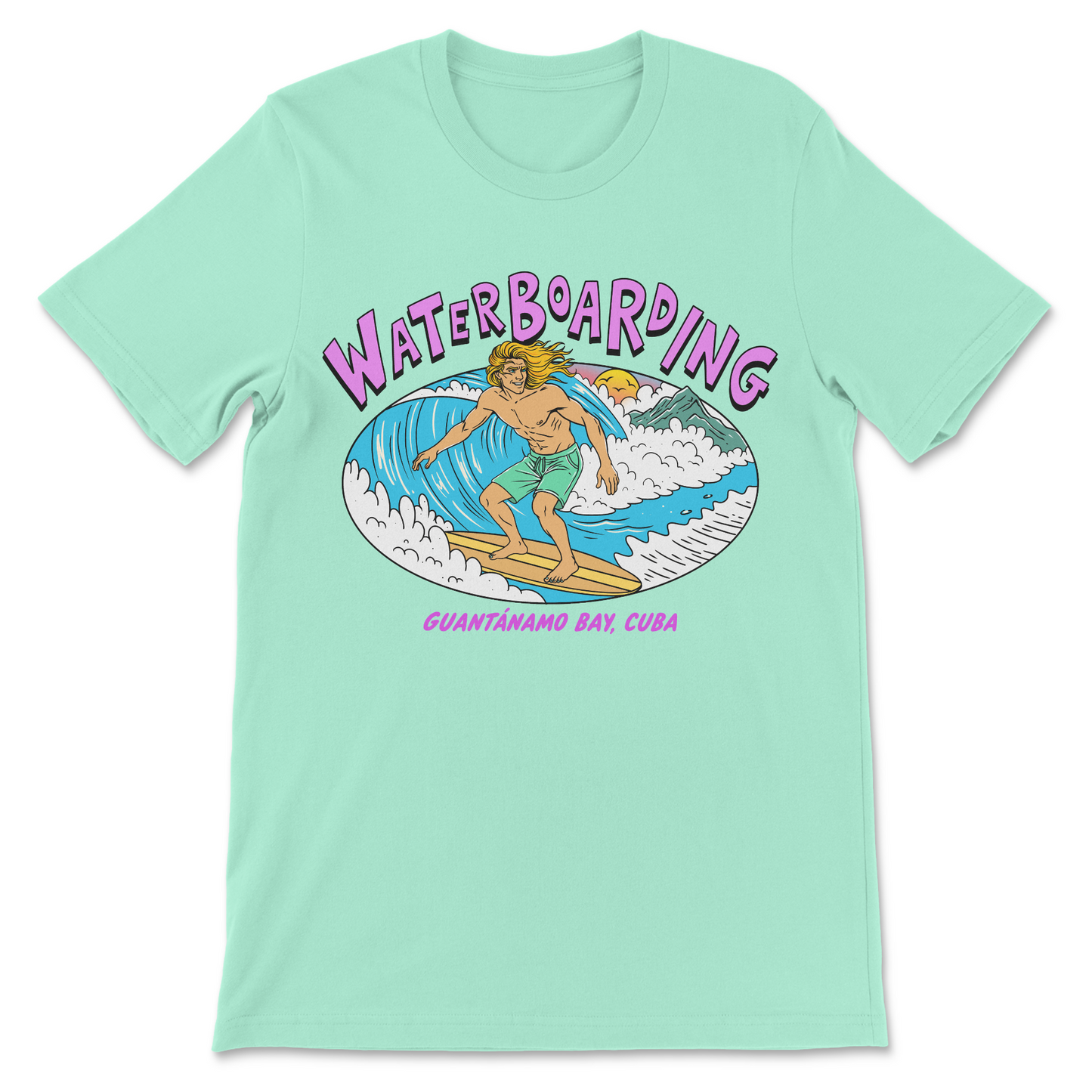 Funny Waterboarding Guantanamo Bay Cuba retro surfing shirt with vintage beach graphic.
