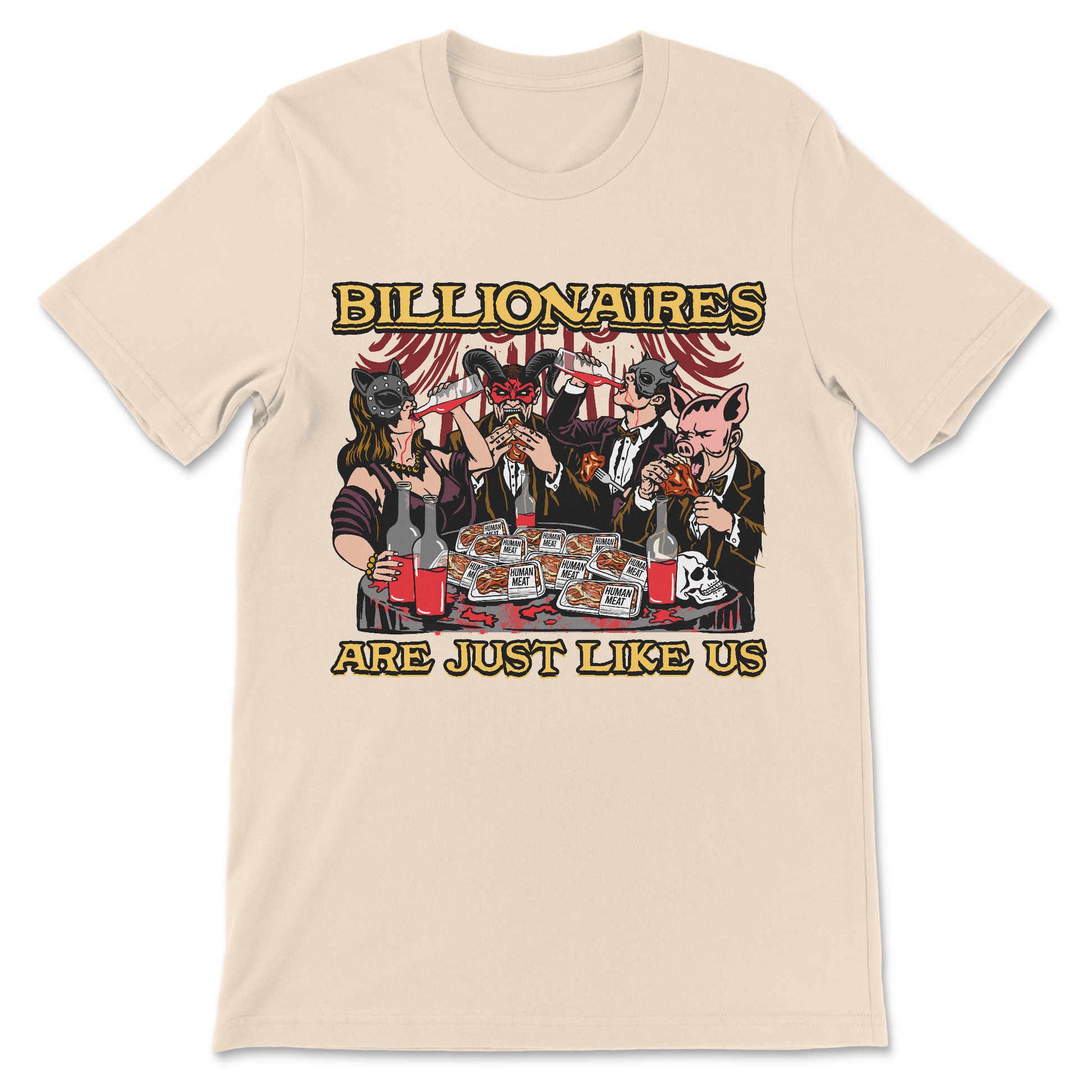 Anti capitalism political meme shirt with blood drinking party illustration
