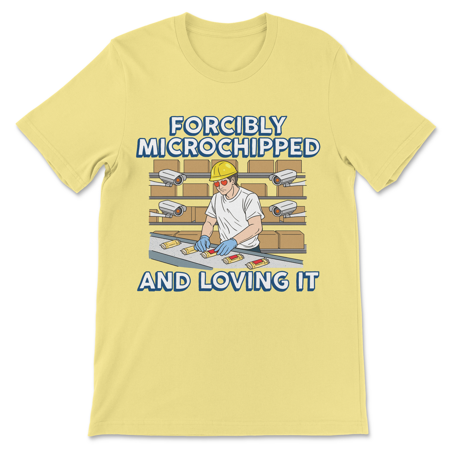 Controversial automation shirt with humanoid bots at work
