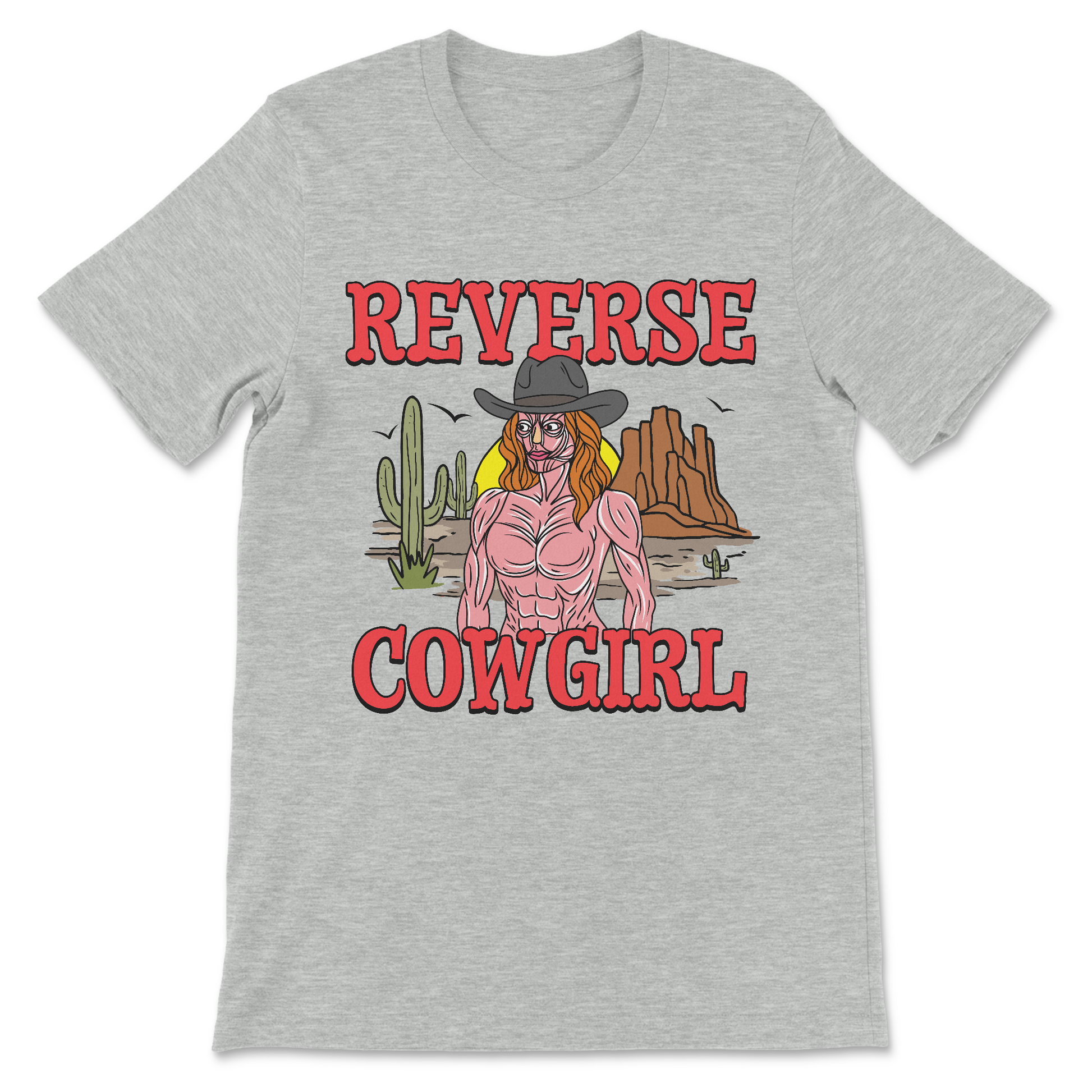 Weird meme T-shirt with horror cowgirl design, offensive humor tee.
