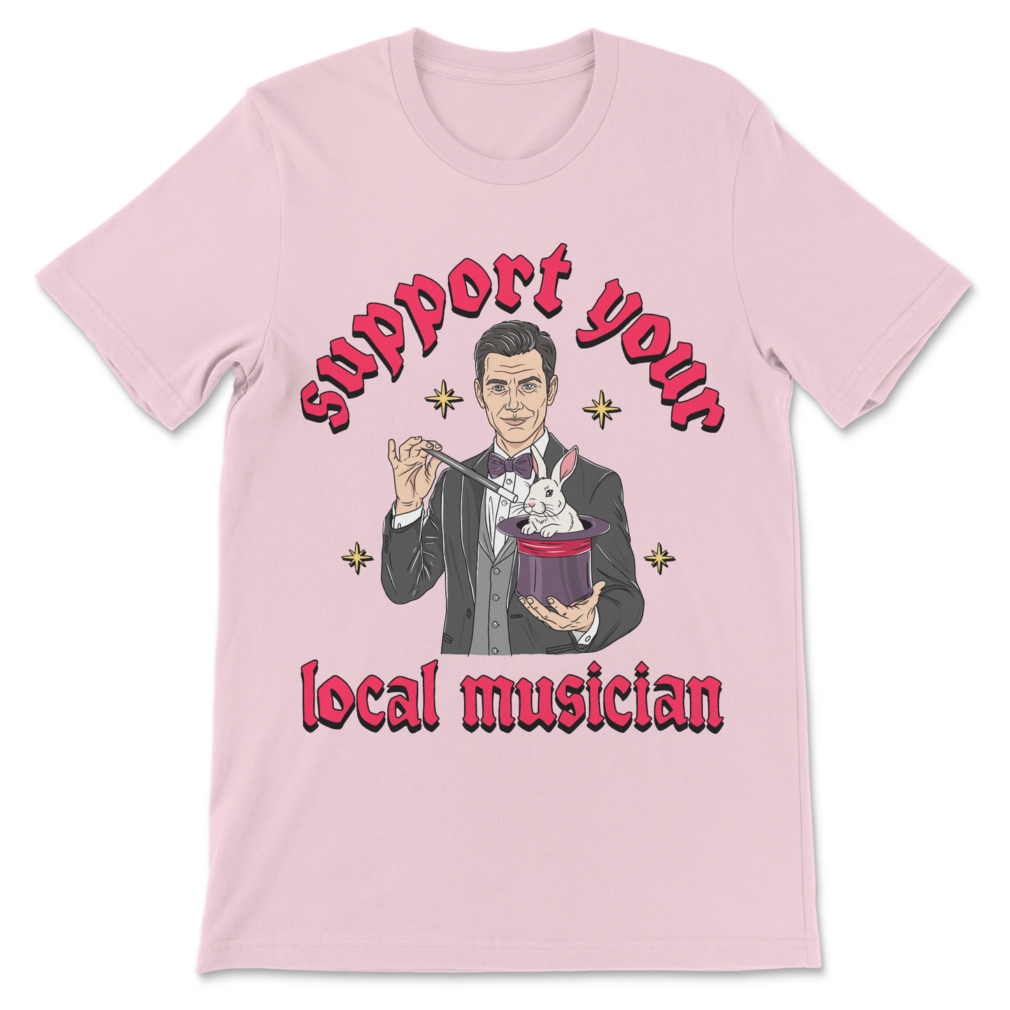 Humorous graphic shirt combining a magician illustration with a musician slogan.
