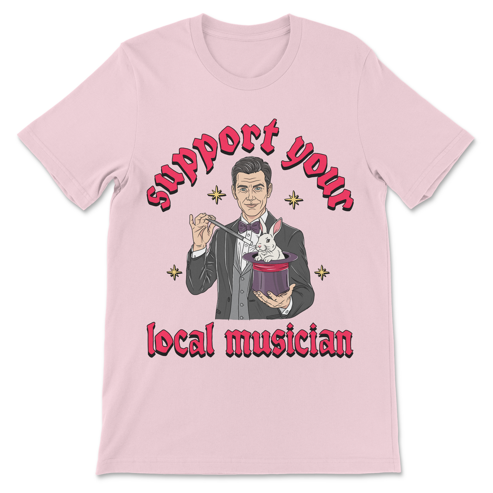 Humorous graphic shirt combining a magician illustration with a musician slogan.
