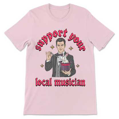 Humorous graphic shirt combining a magician illustration with a musician slogan.
