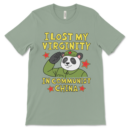 Raunchy panda t-shirt with a bizarre China virginity joke, made for fans of dirty, really offensive adult humor.