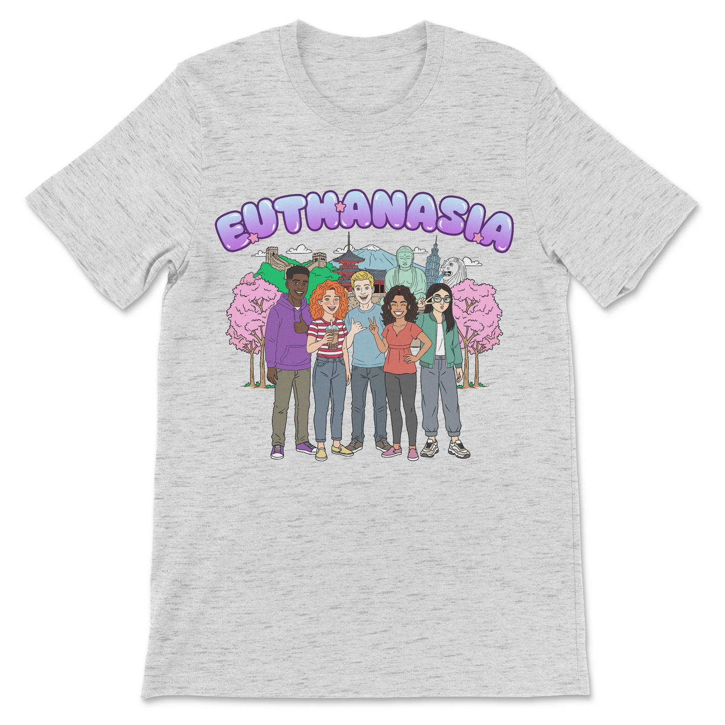 Graphic tee featuring young people in Asia as a visual interpretation of the phrase euthanasia.
