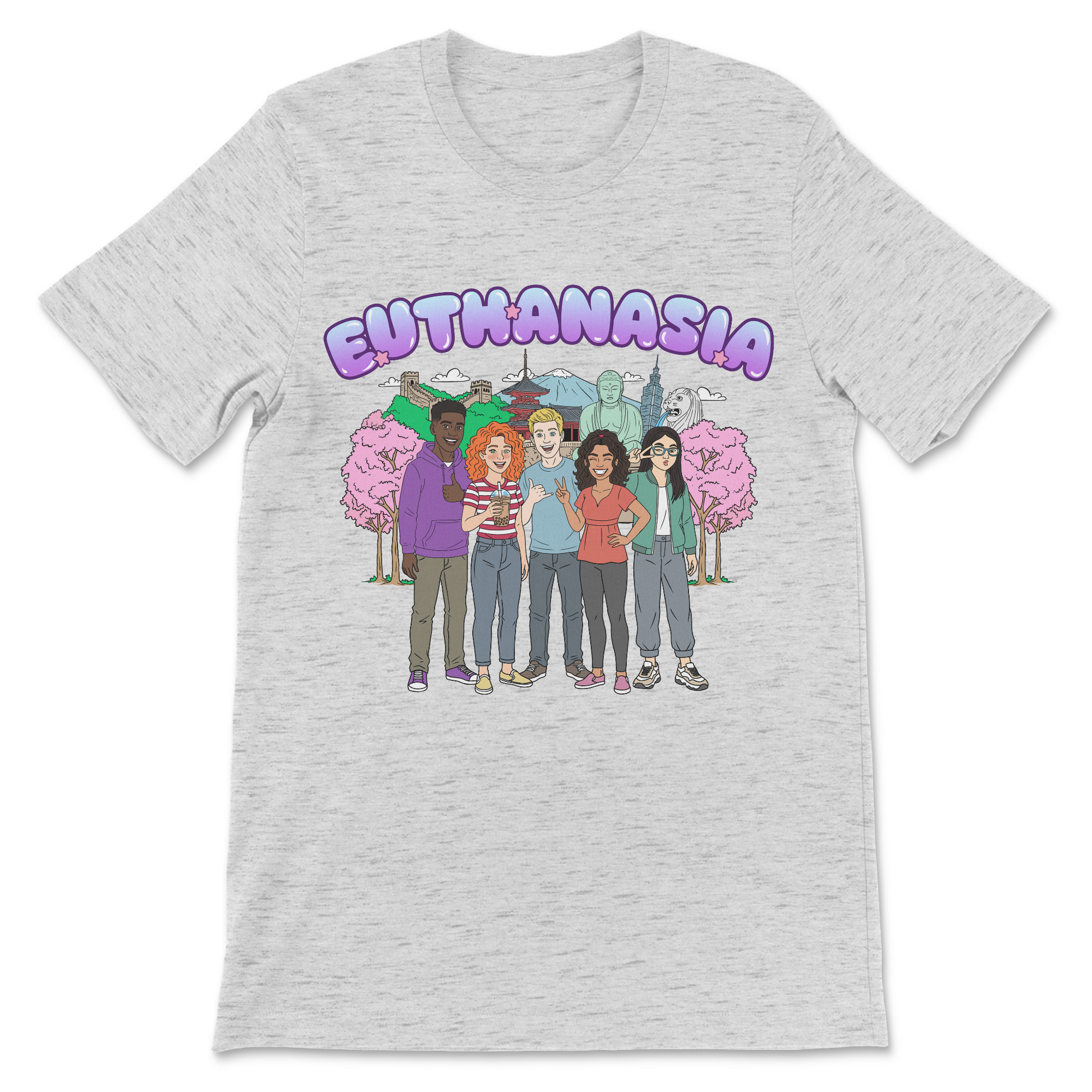 Graphic tee featuring young people in Asia as a visual interpretation of the phrase euthanasia.

