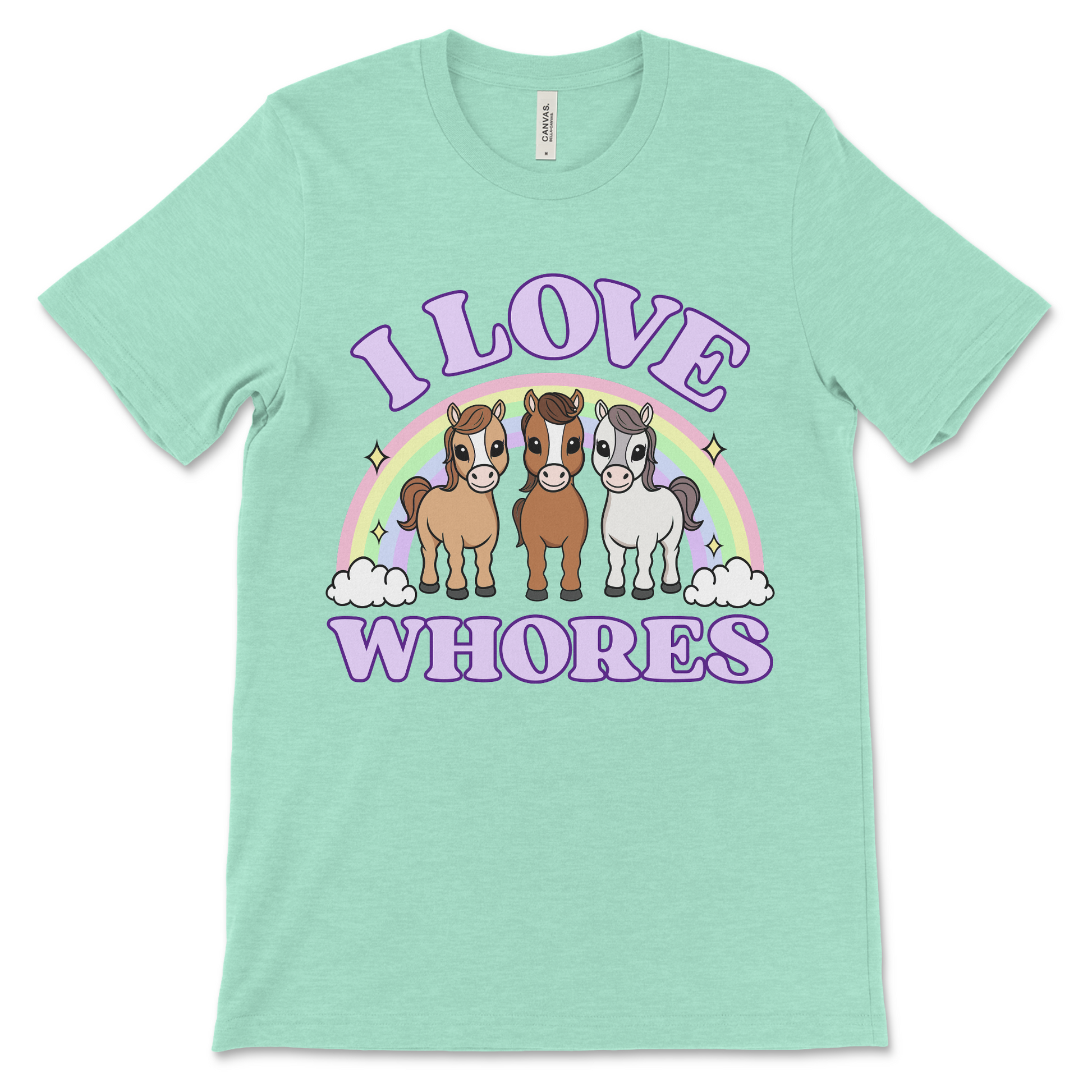 Funny offensive prostitute t-shirt featuring adorable horses and the unapologetic I Love Whores design for raunchy humor lovers.
