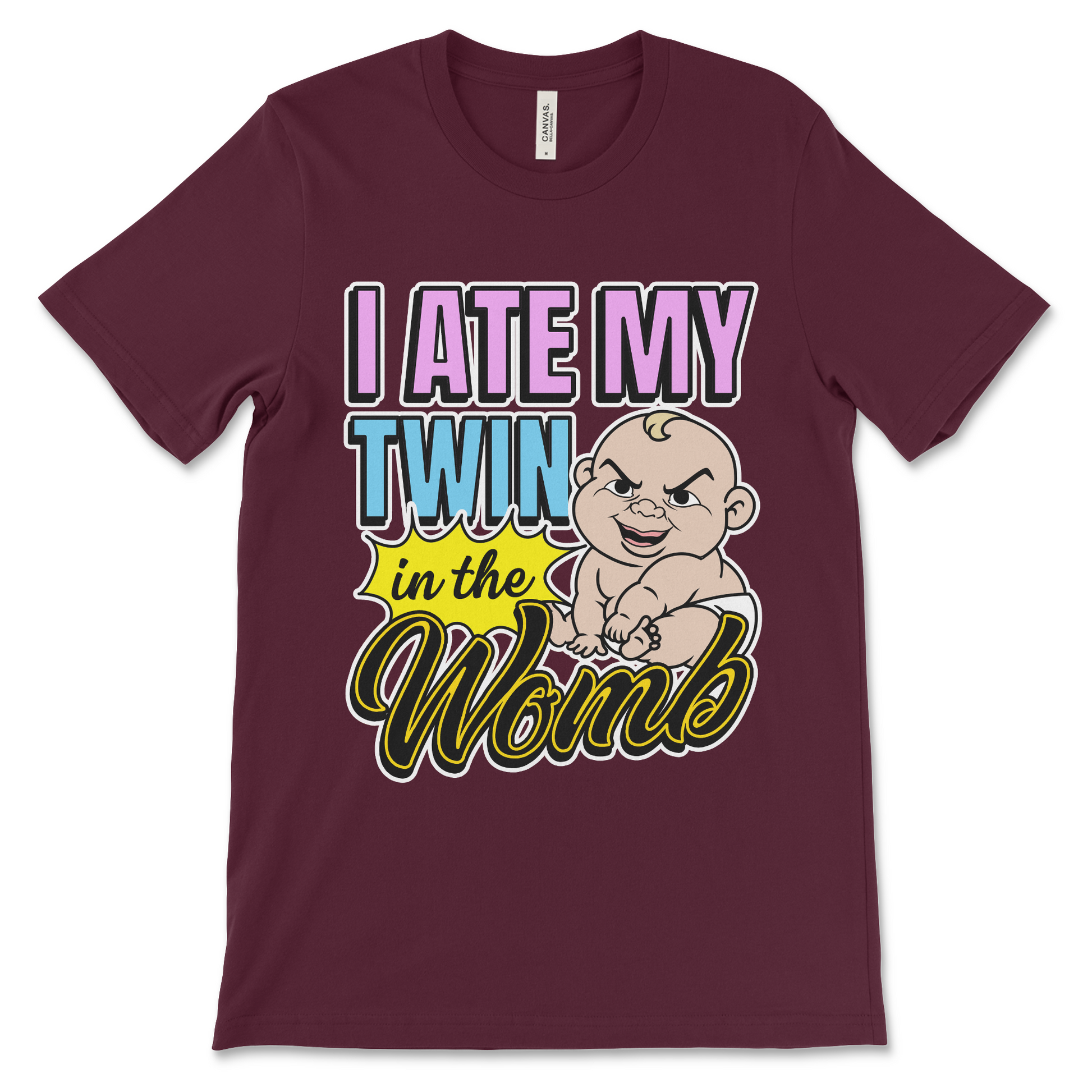 Dark humor meme shirt that says “I Ate My Twin in the Womb,” weird graphic tee with cursed t shirt vibes and edgy absurd humor.