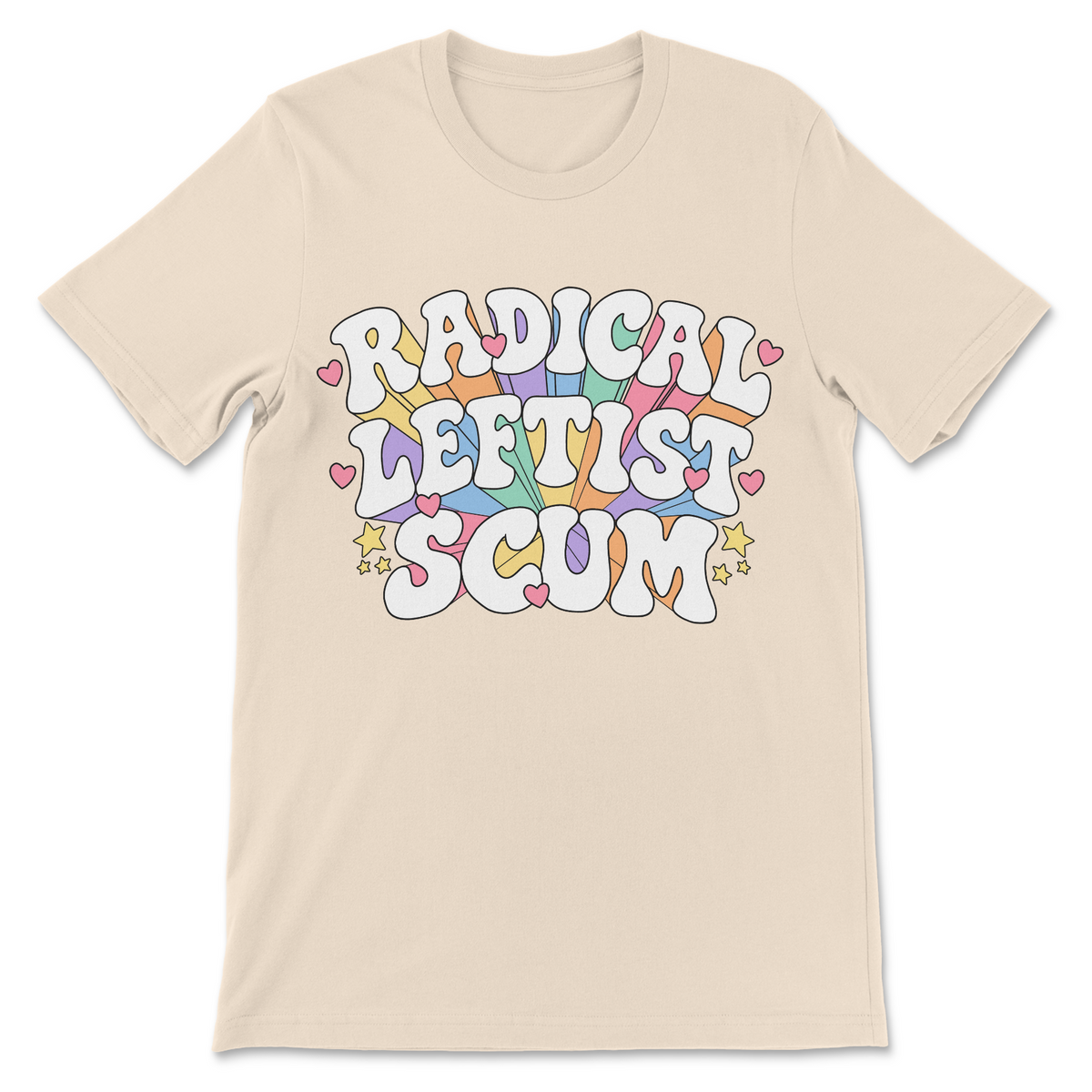 Funny leftist shirt displaying the Radical Leftist Scum slogan in playful lettering with colorful rainbow accents.