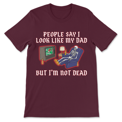 Dark humor dad shirt with skeleton, beer and football design