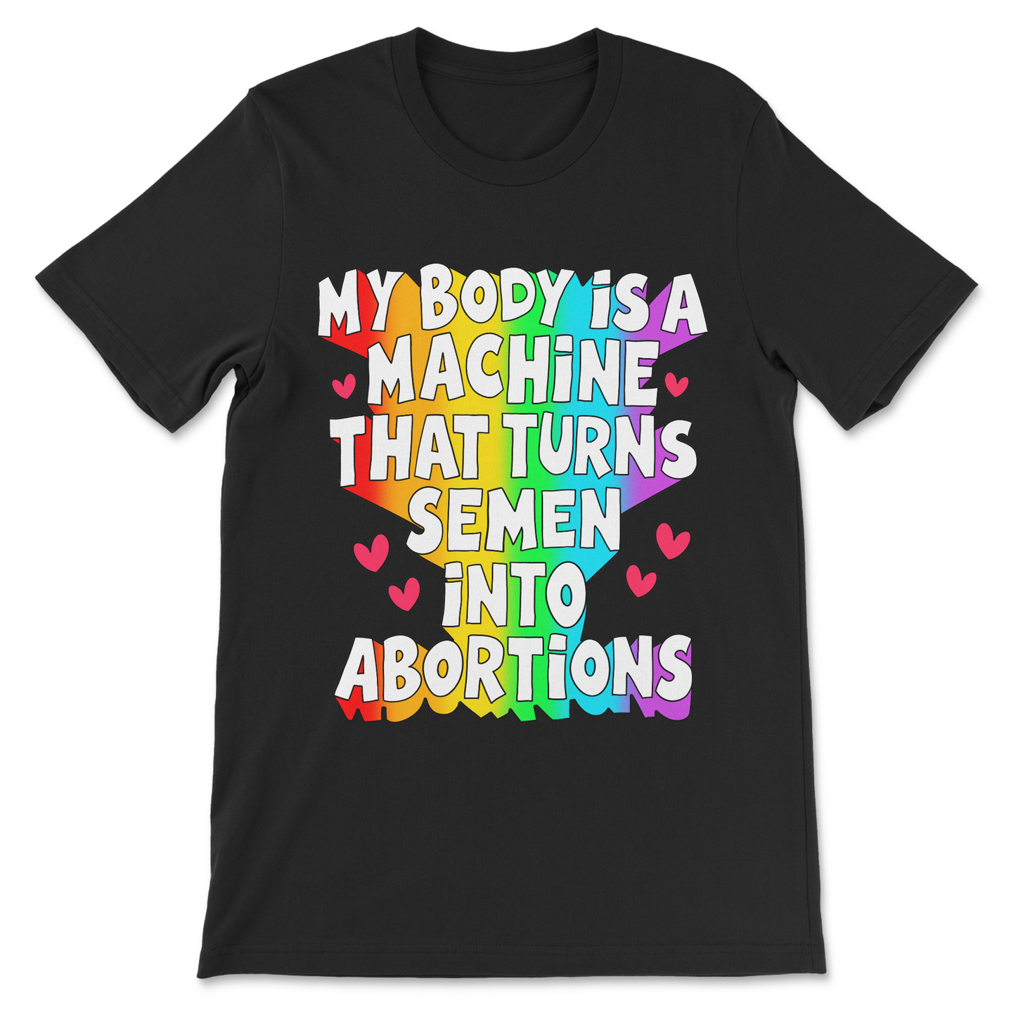 Funny pro-choice shirt reading My Body Is a Machine That Turns Semen Into Abortions.
