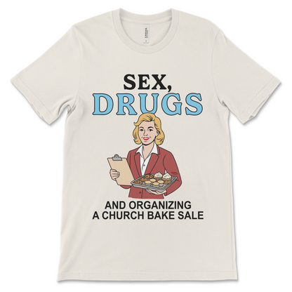 Inappropriate Christian shirt mixing religion and sarcasm in one awkward design. Made for people into dark humor clothing and weird church jokes.