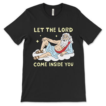 Funny Christian satire shirt for people who enjoy dark comedy. Religion-themed meme shirt with adult humor.
