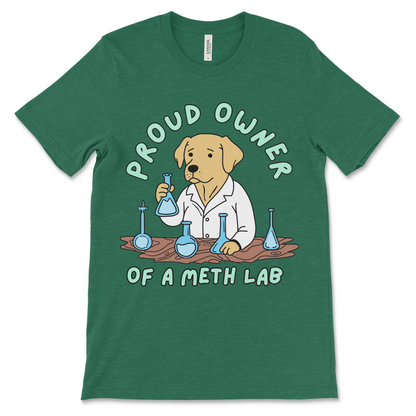 Funny meth shirt with a cartoon Labrador making drugs in a lab. Perfect for fans of inappropriate t-shirts, drug meme humor, and weird graphic tees.