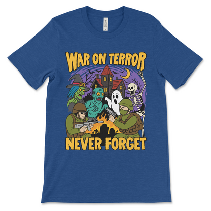 Funny political parody shirt replacing the Iraq War with a haunted house theme, perfect for fans of weird graphic tees and satire.