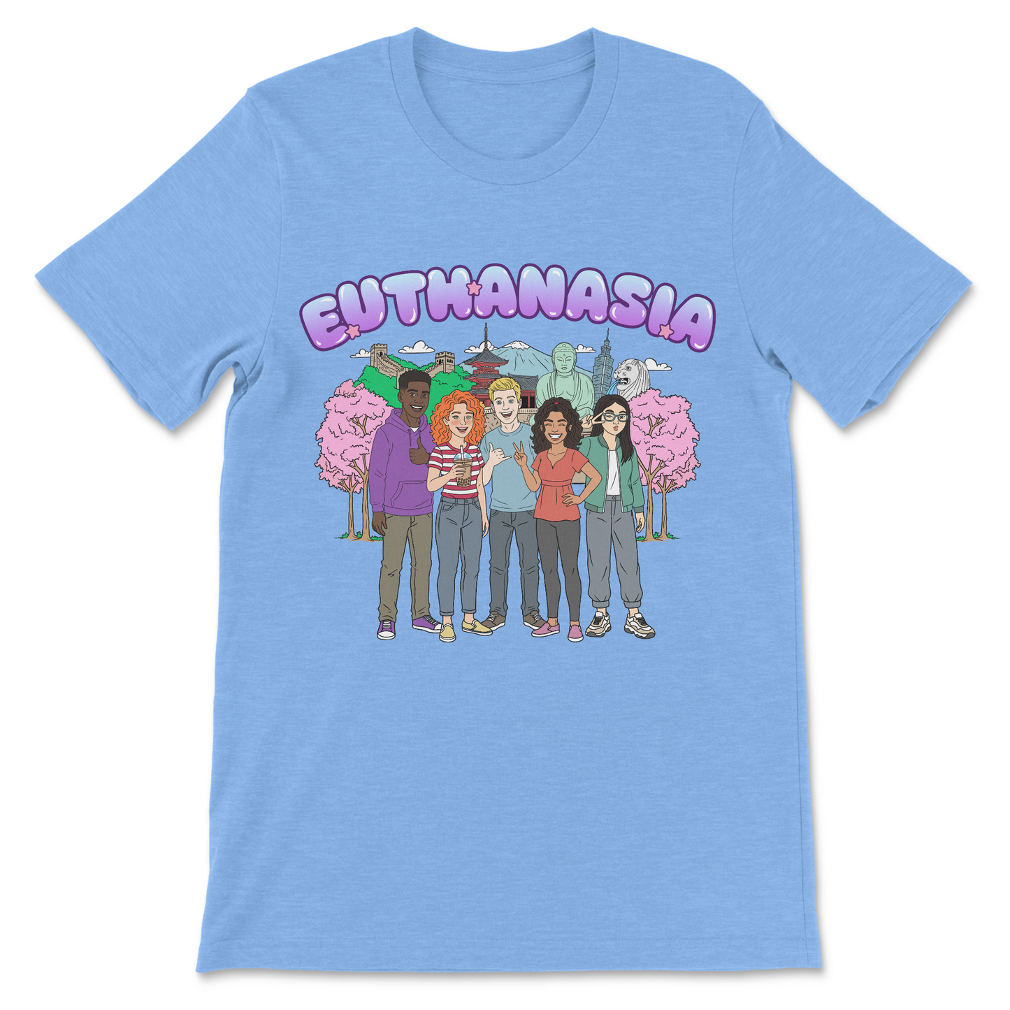 Dark humor graphic tee featuring young people enjoying a trip through Asia with euthanasia lettering.
