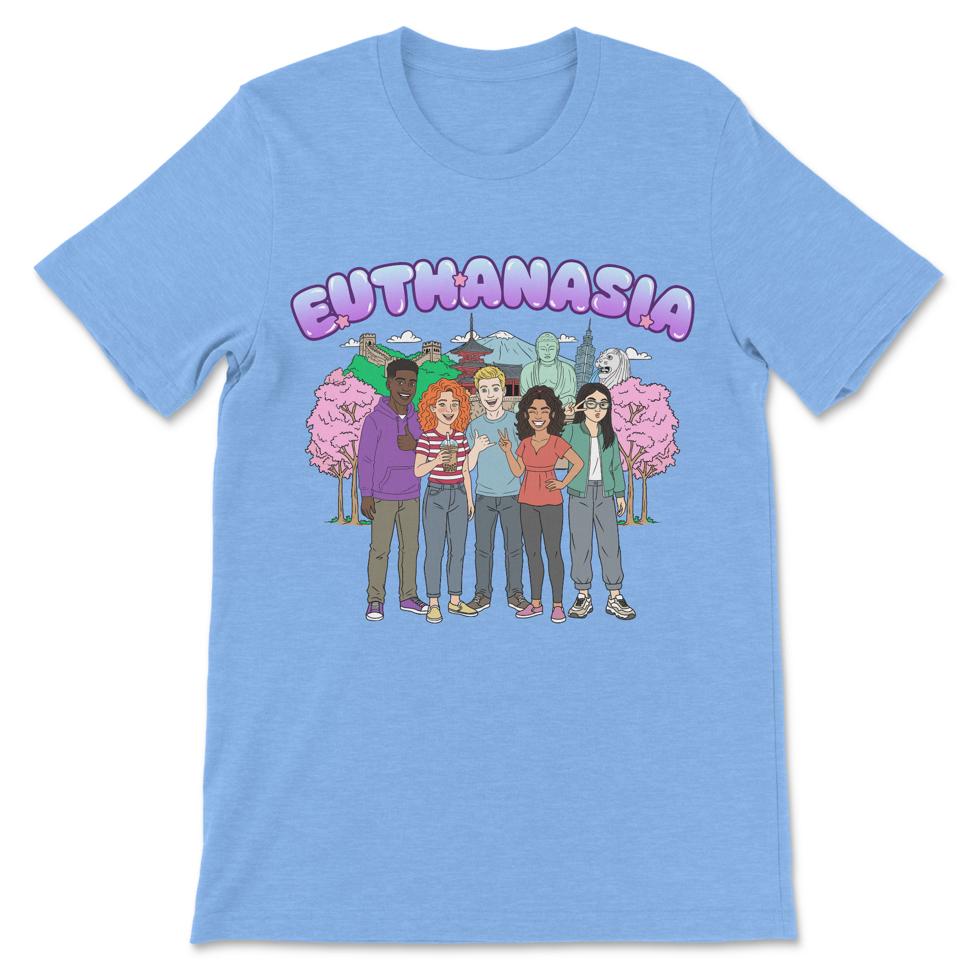 Dark humor graphic tee featuring young people enjoying a trip through Asia with euthanasia lettering.
