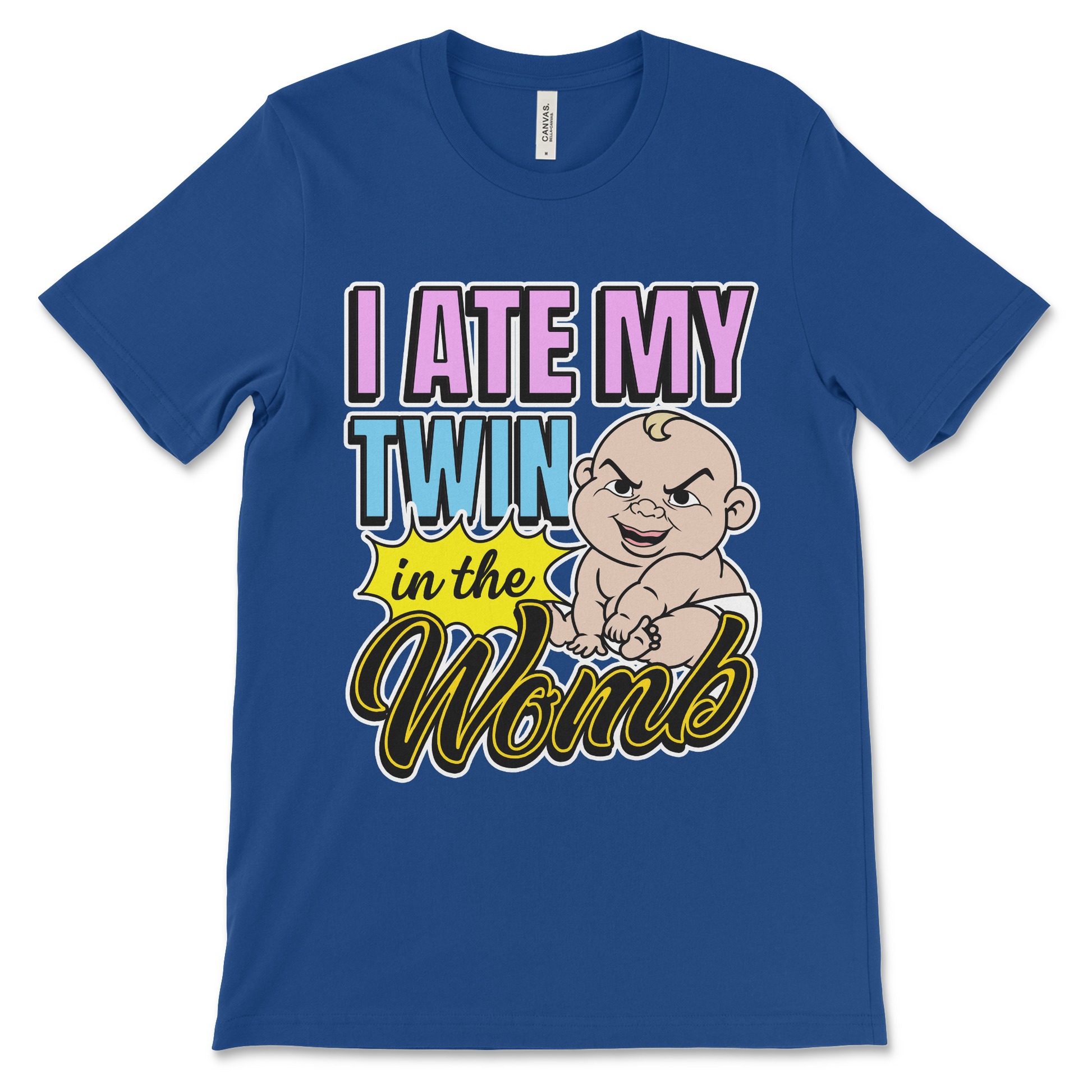 Dark humor meme shirt that says “I Ate My Twin in the Womb,” weird graphic tee with cursed t shirt vibes and edgy absurd humor.