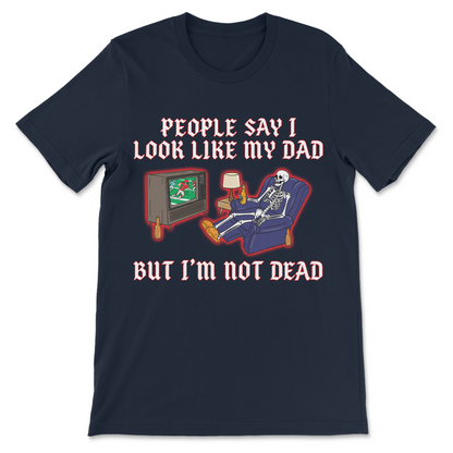Funny dad shirt featuring skeleton drinking beer and watching football