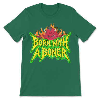 Immature joke shirt featuring a devil mascot and bold metal-inspired typography.
