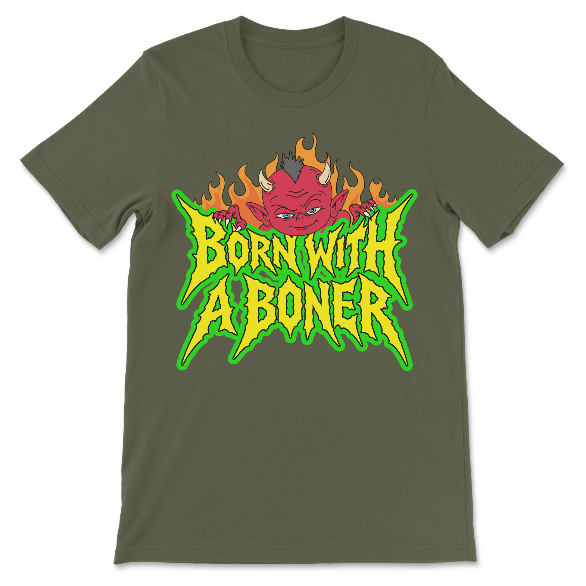 Funny internet meme shirt featuring a mischievous devil surrounded by flames and the phrase "Born With a Boner."
