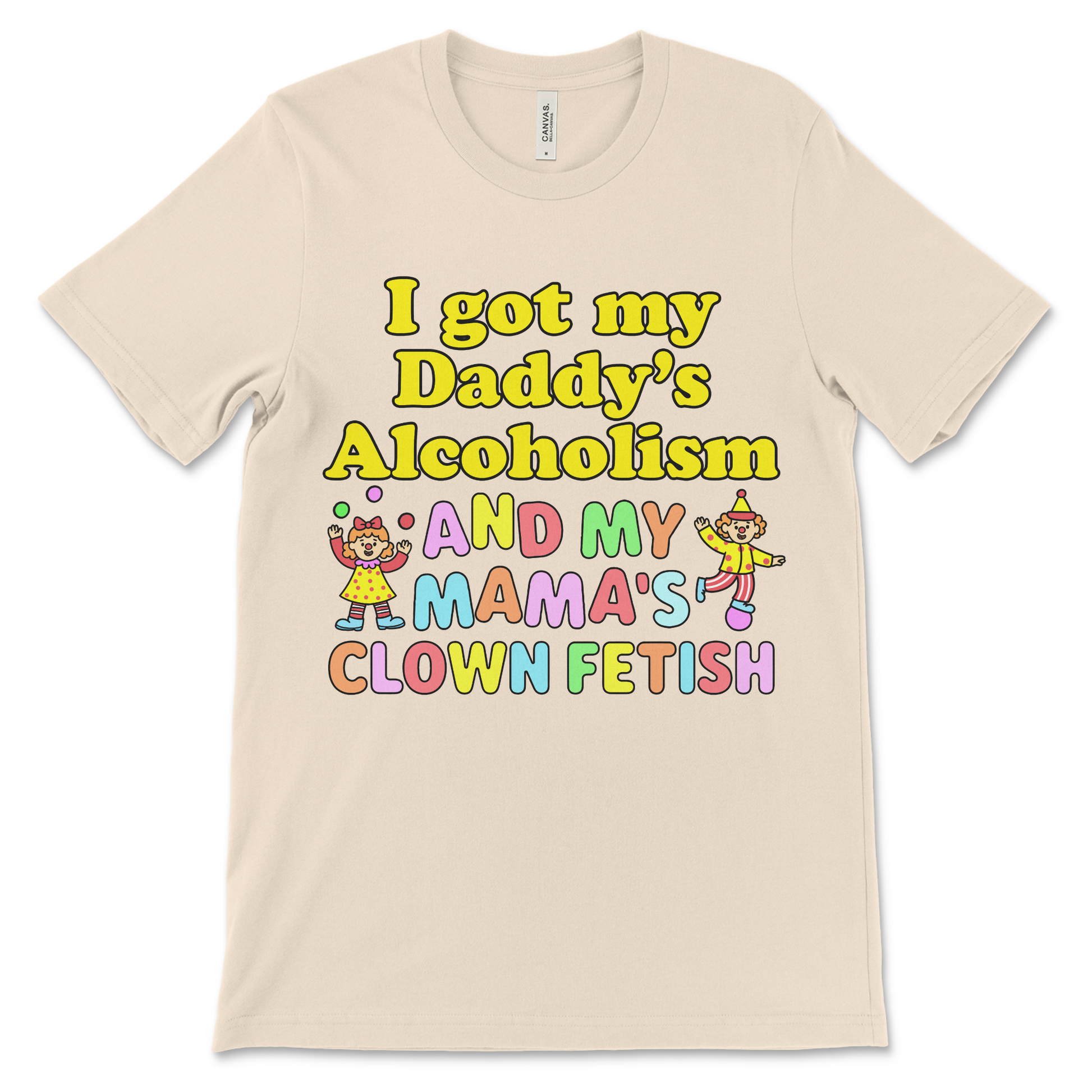 Funny sexual clown shirt with addiction reference, crude joke, and dark humor graphic.
