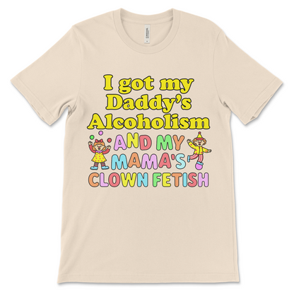 Funny sexual clown shirt with addiction reference, crude joke, and dark humor graphic.
