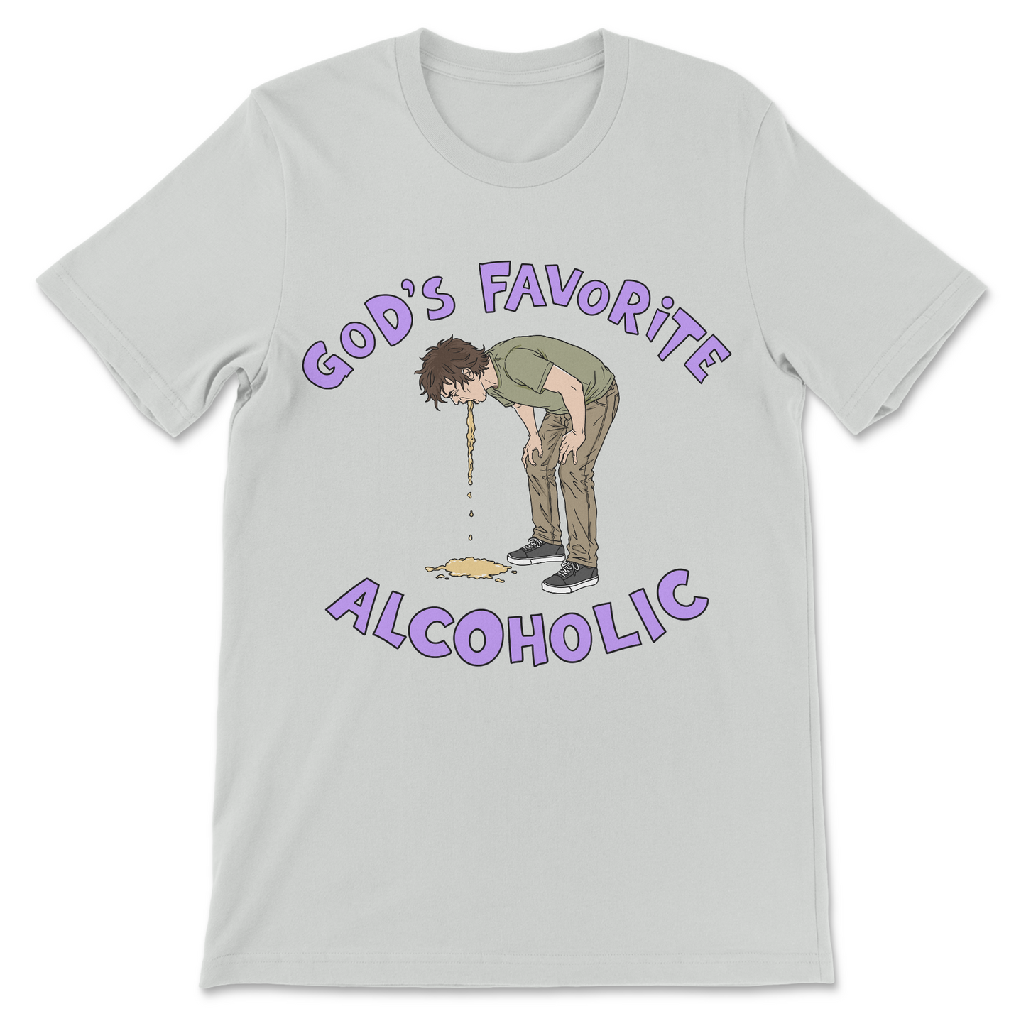 Funny religious parody shirt with God's Favorite Alcoholic and a vomiting character.
