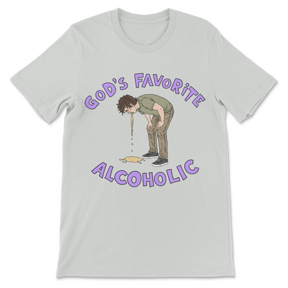 Funny religious parody shirt with God's Favorite Alcoholic and a vomiting character.
