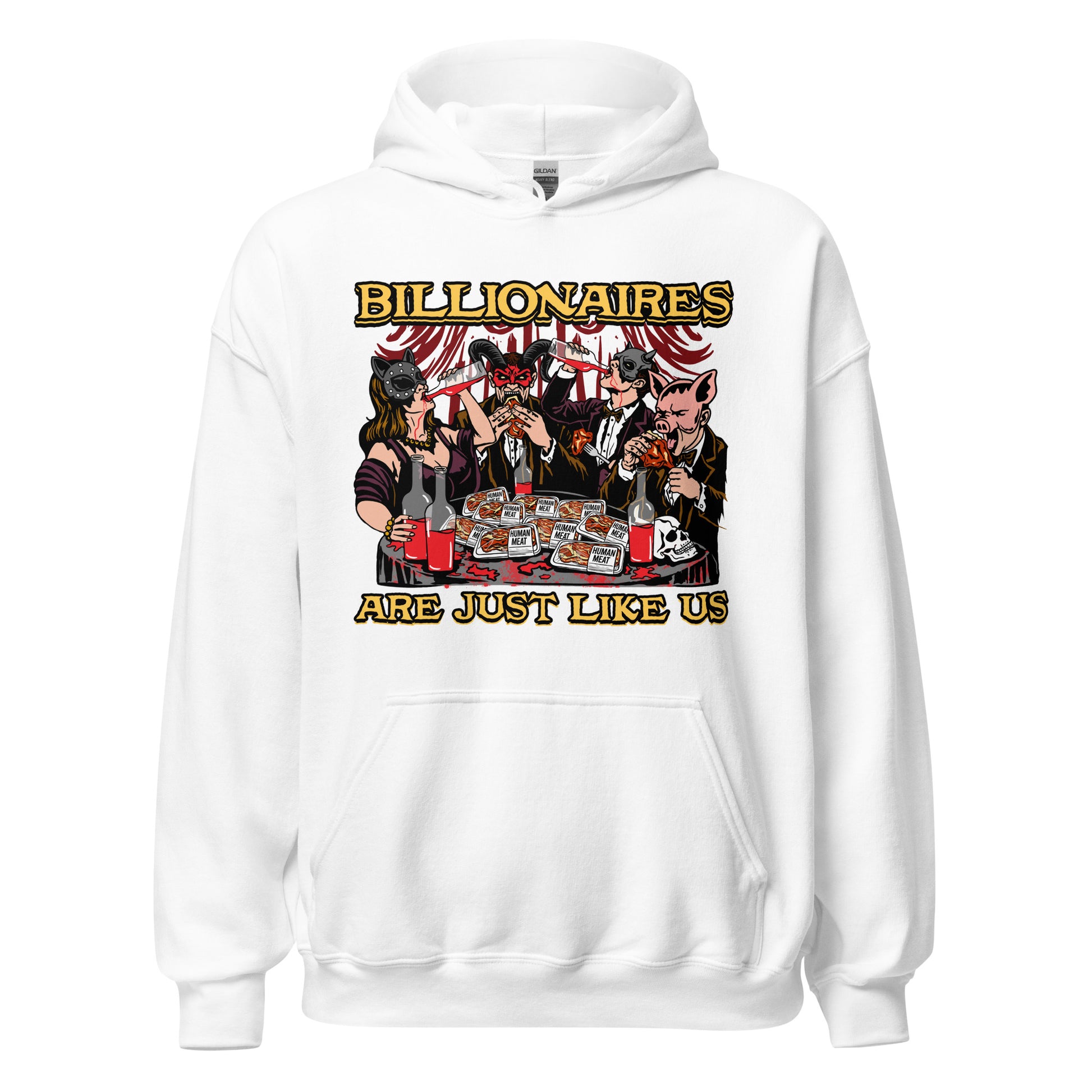Anti capitalist hoodie with bizarre wealthy party design
