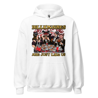 Anti capitalist hoodie with bizarre wealthy party design

