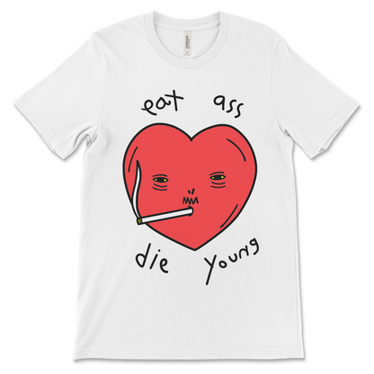 Funny meme shirt with crude graphic of a smoking heart.
