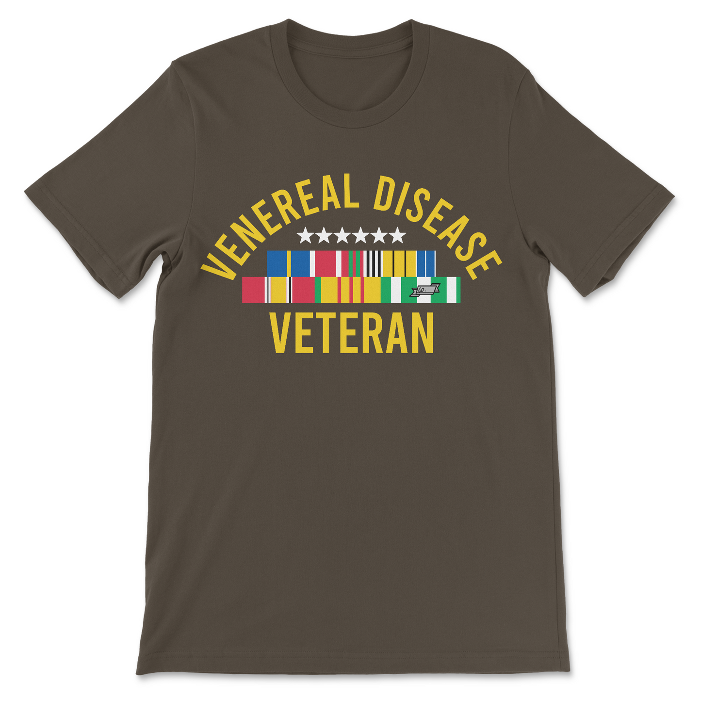 Unhinged Venereal Disease Veteran shirt with offensive, inappropriate humor in a veteran-style design.