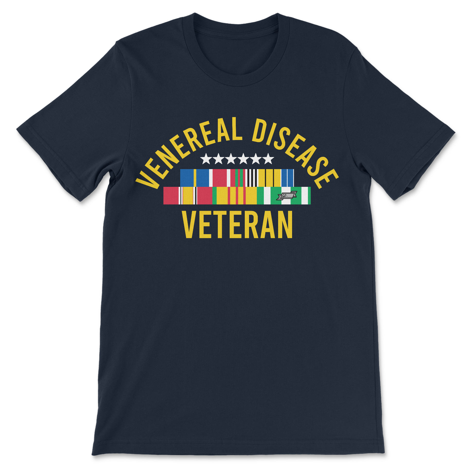 Dark humor Venereal Disease Veteran tee styled like a Vietnam shirt. Raunchy, offensive, and embarrassing.
