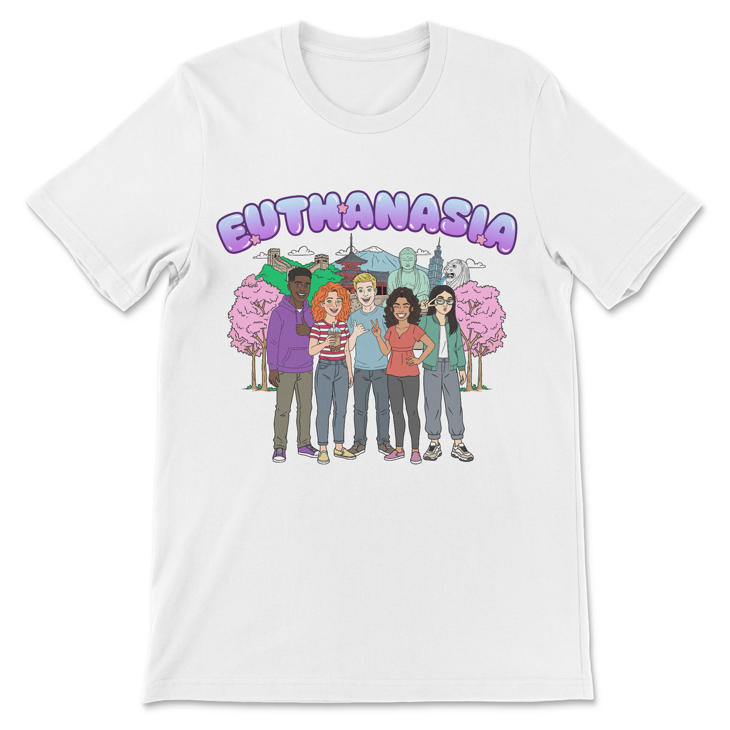 Graphic t-shirt featuring teenagers having fun in Asia alongside the word euthanasia as a dark humor wordplay joke.
