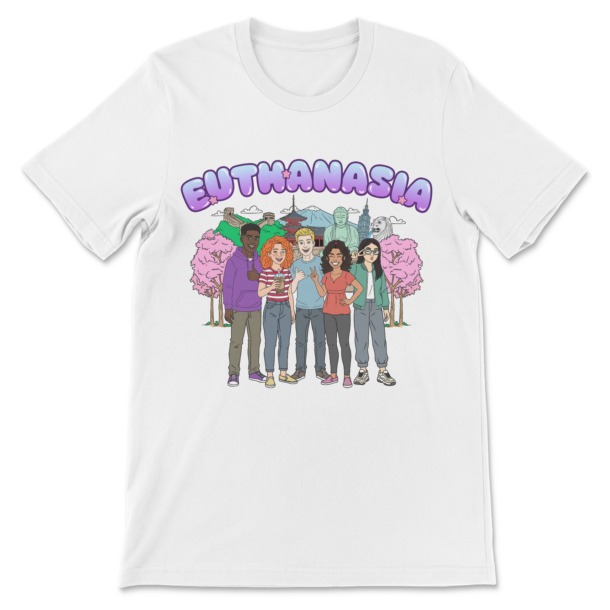 Graphic t-shirt featuring teenagers having fun in Asia alongside the word euthanasia as a dark humor wordplay joke.
