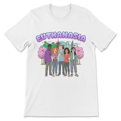 Graphic t-shirt featuring teenagers having fun in Asia alongside the word euthanasia as a dark humor wordplay joke.
