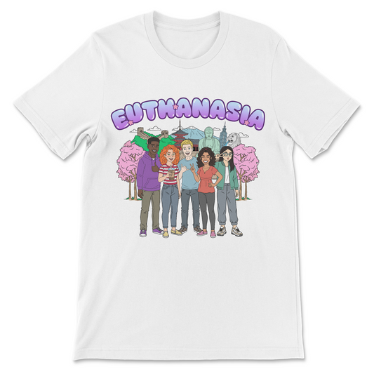 Graphic t-shirt featuring teenagers having fun in Asia alongside the word euthanasia as a dark humor wordplay joke.
