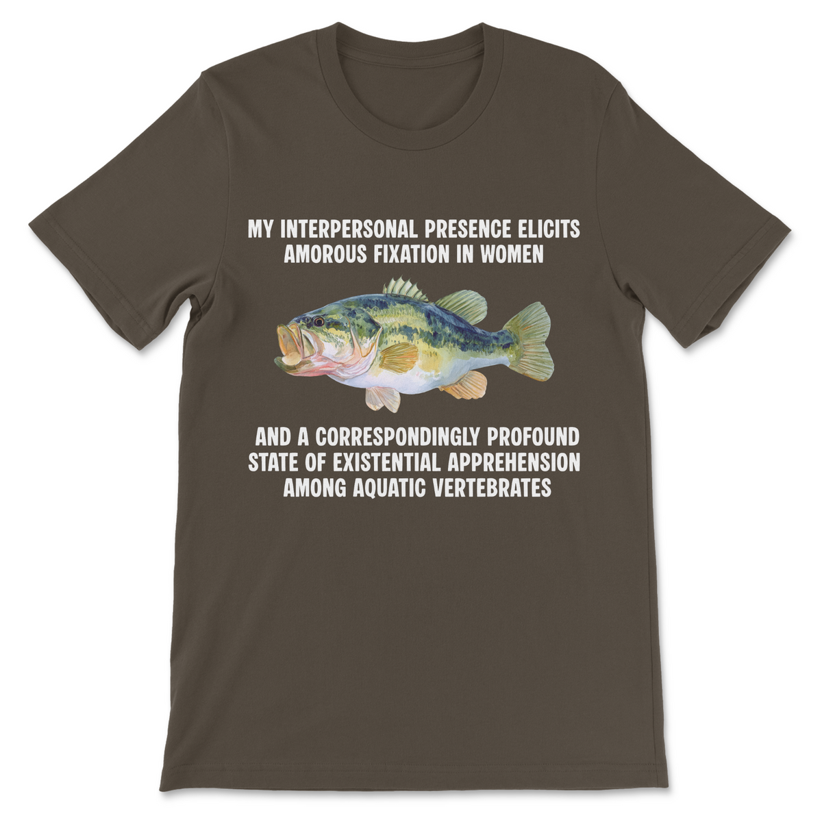 Brain rot humor shirt with largemouth bass illustration, pretentious academic language, dumb internet humor, ironic memes and existential comedy
