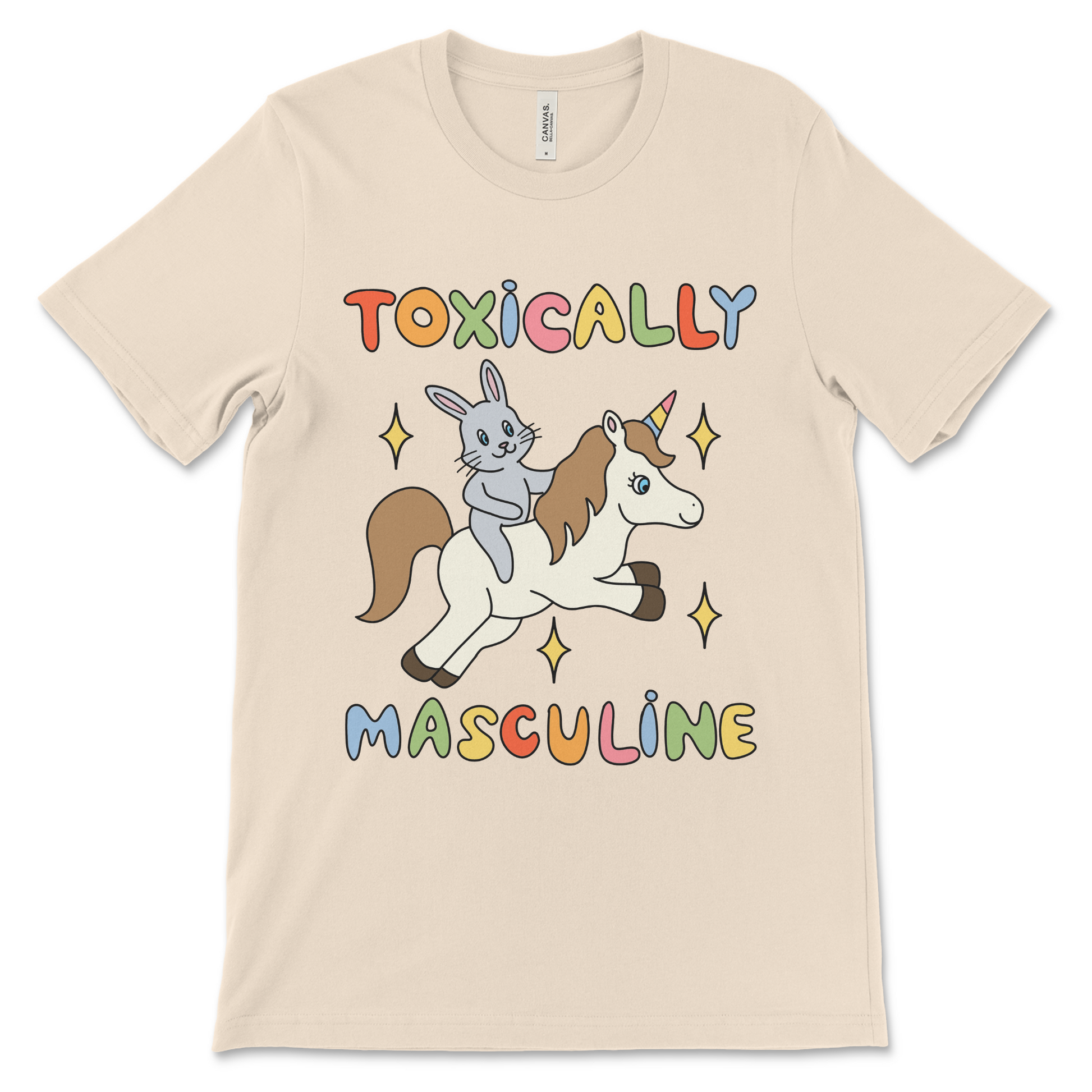 ironic graphic tee with bunny riding unicorn and toxically masculine text
