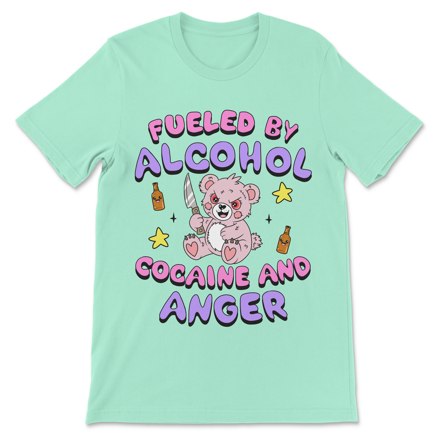 Offensive graphic tee reading "Fueled By Alcohol, Cocaine and Anger."
