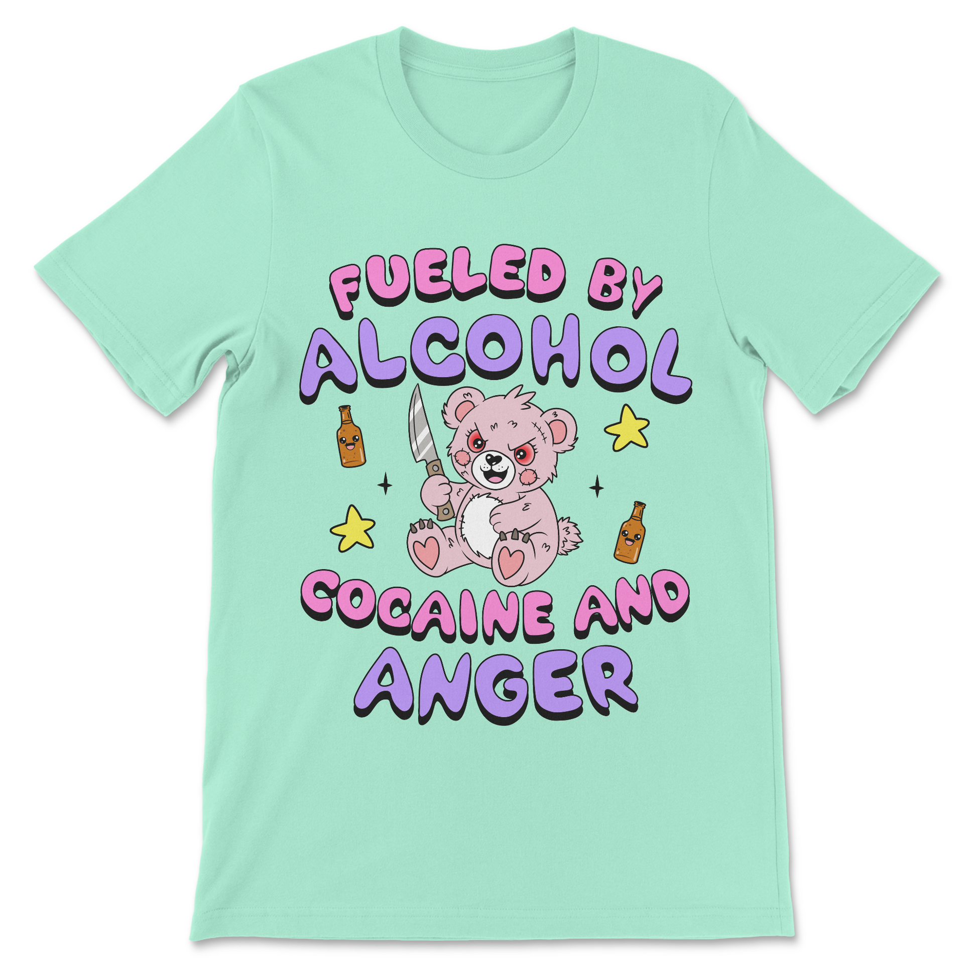 Offensive graphic tee reading "Fueled By Alcohol, Cocaine and Anger."
