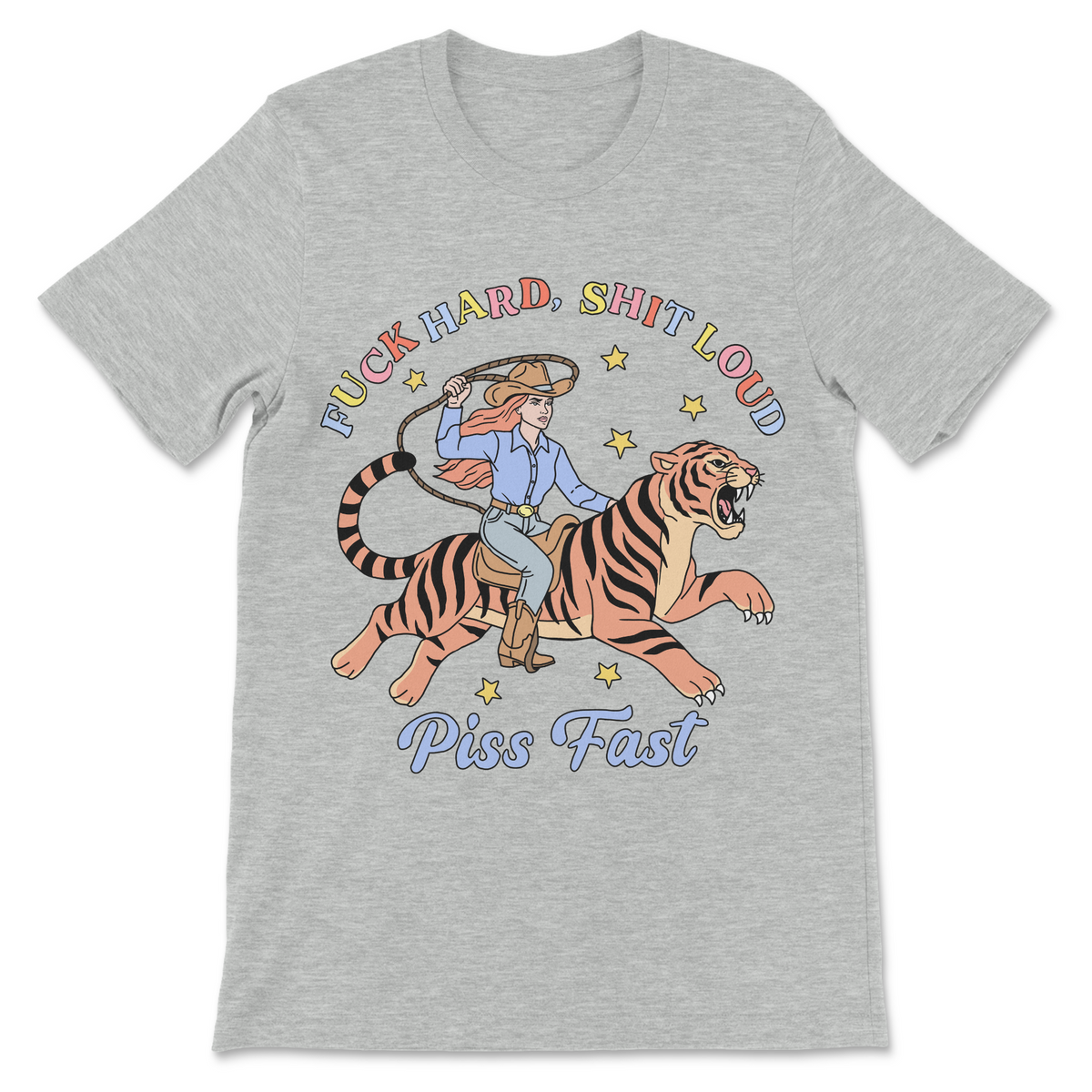 Vulgar cowgirl shirt featuring a woman riding a roaring tiger with a lasso