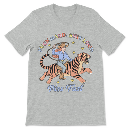 Vulgar cowgirl shirt featuring a woman riding a roaring tiger with a lasso