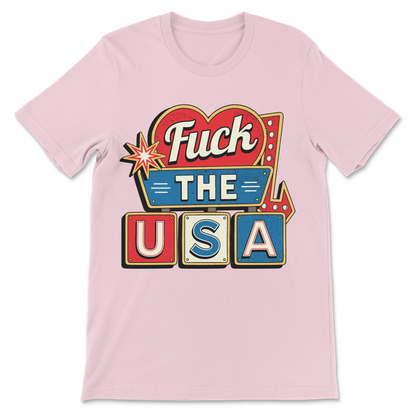 Vintage Americana graphic tee with the phrase "Fuck the USA" in a motel sign style.
