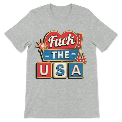 Funny political satire shirt featuring a retro motel sign and "Fuck the USA" graphic.
